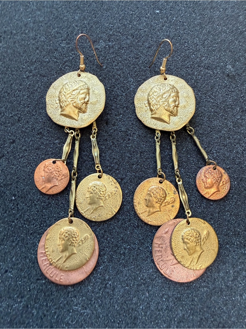 Vintage Unique Pierced Dangle Hercule Coin Style Earrings